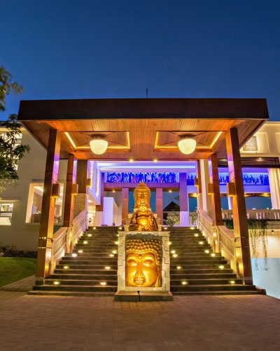 Our lobby entrance, with its unique design highlighted by a stunning Buddha statue and inviting